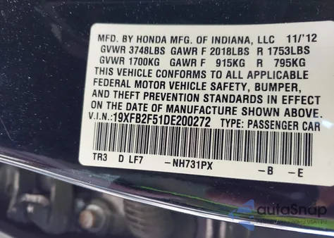 2013 Honda Civic Lx z USA, uszkodzony, nr VIN 19XFB2F51DE200272